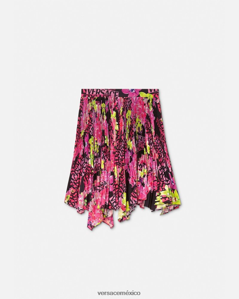 Versace falda plisada con logo orquídea negro y estampado ropa mujer 84626J183