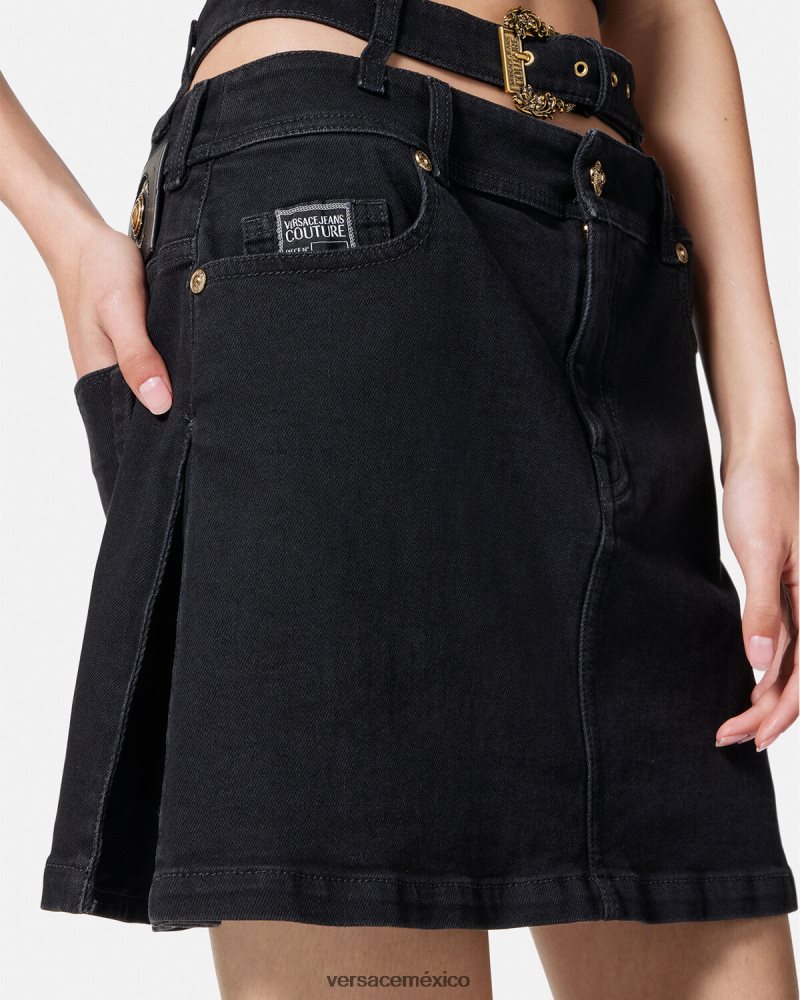 Versace minifalda de mezclilla con hebilla barroca negro ropa mujer 84626J2151