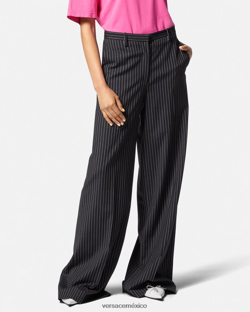 Versace pantalones anchos a rayas diplomáticas negro ropa mujer 84626J123