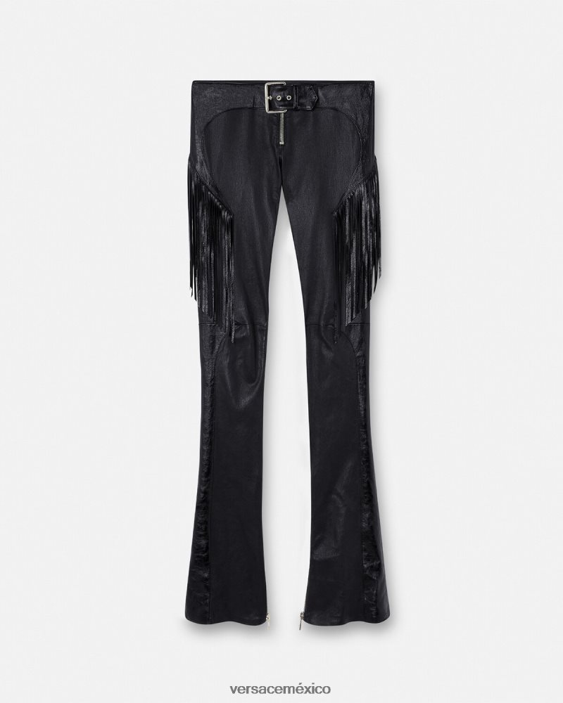 Versace pantalones de cuero con flecos negro ropa mujer 84626J223
