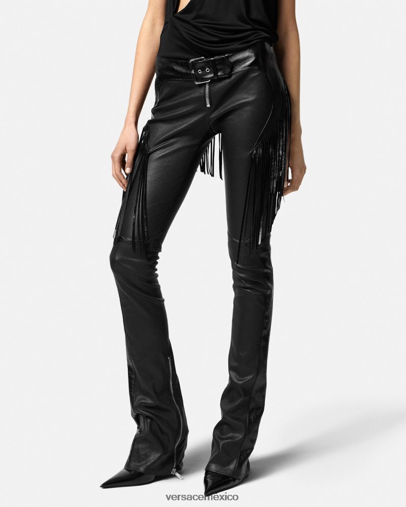 Versace pantalones de cuero con flecos negro ropa mujer 84626J223