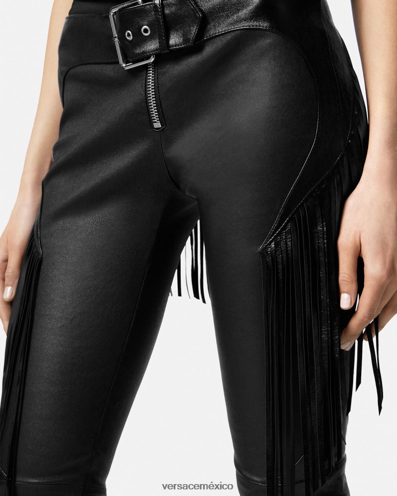 Versace pantalones de cuero con flecos negro ropa mujer 84626J223