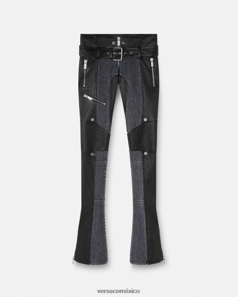 Versace pantalones de mezclilla de cuero negro ropa mujer 84626J224