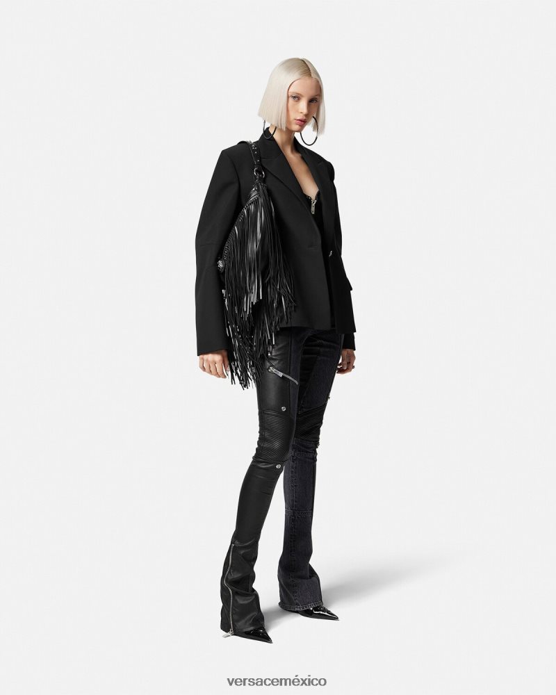 Versace pantalones de mezclilla de cuero negro ropa mujer 84626J224
