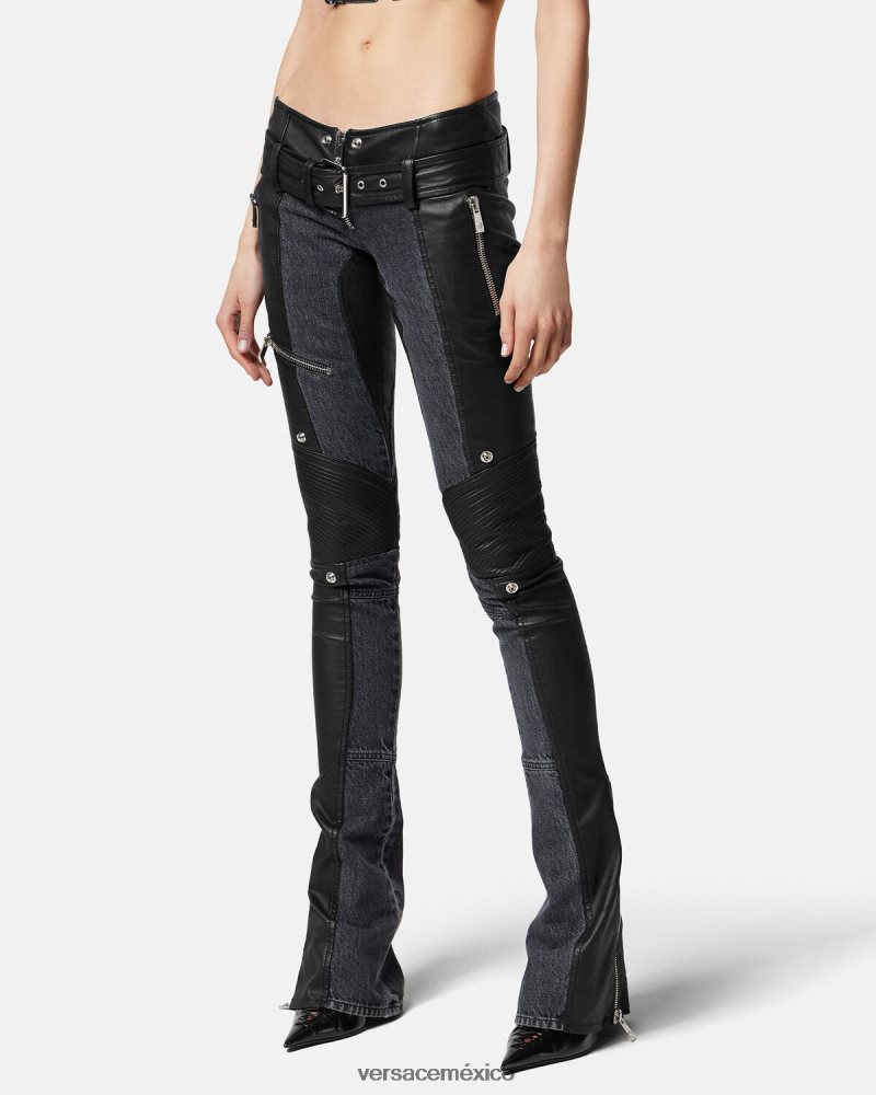 Versace pantalones de mezclilla de cuero negro ropa mujer 84626J224