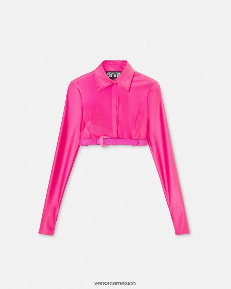 Versace camisa corta con hebilla barroca fucsia ropa mujer 84626J2218