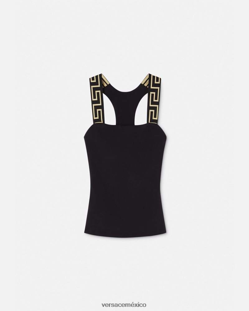 Versace camiseta sin mangas con borde de greca negro ropa mujer 84626J236