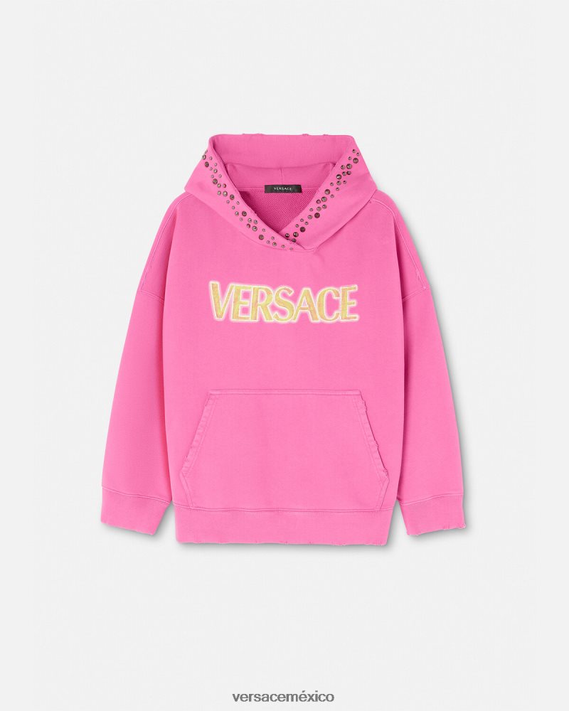 Versace sudadera con capucha y logo envejecido rosa ropa mujer 84626J143