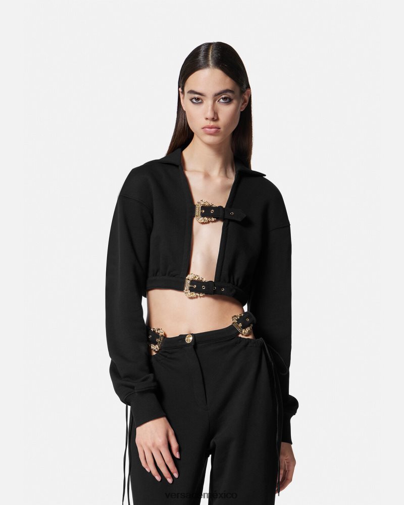 Versace sudadera corta con hebilla barroca negro ropa mujer 84626J2229