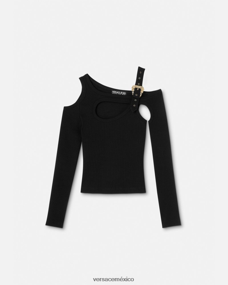 Versace top con abertura y hebilla barroca negro ropa mujer 84626J2147