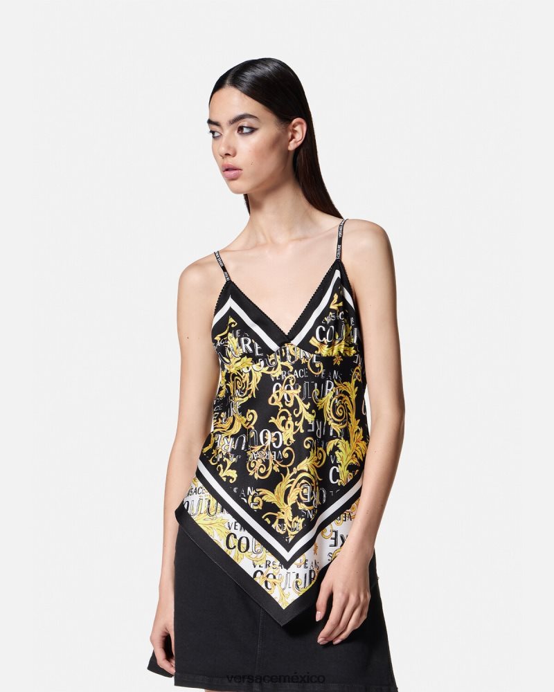 Versace top con logo y fular de alta costura oro negro ropa mujer 84626J2206