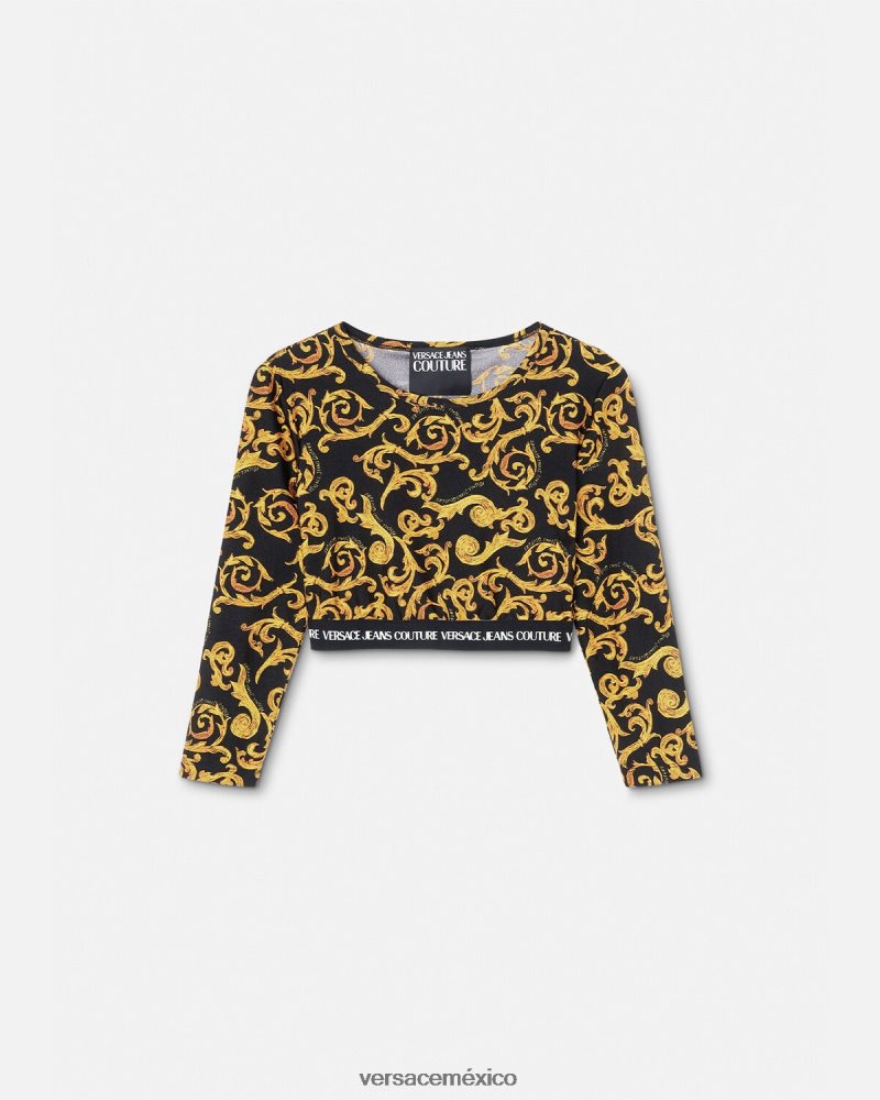 Versace top corto de alta costura con boceto oro negro ropa mujer 84626J2167