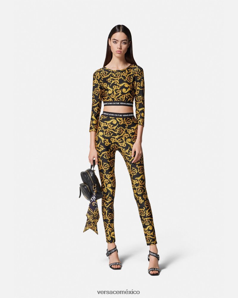 Versace top corto de alta costura con boceto oro negro ropa mujer 84626J2167