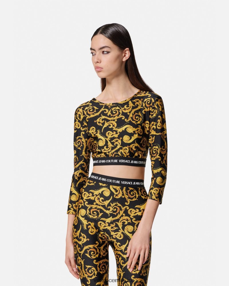 Versace top corto de alta costura con boceto oro negro ropa mujer 84626J2167