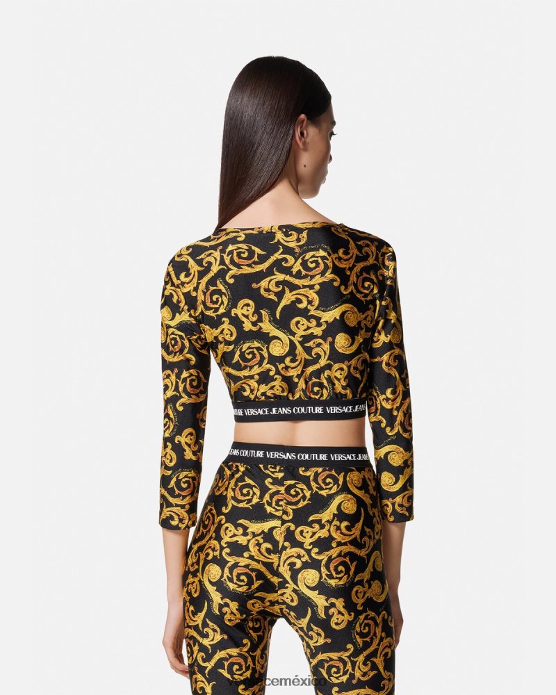 Versace top corto de alta costura con boceto oro negro ropa mujer 84626J2167