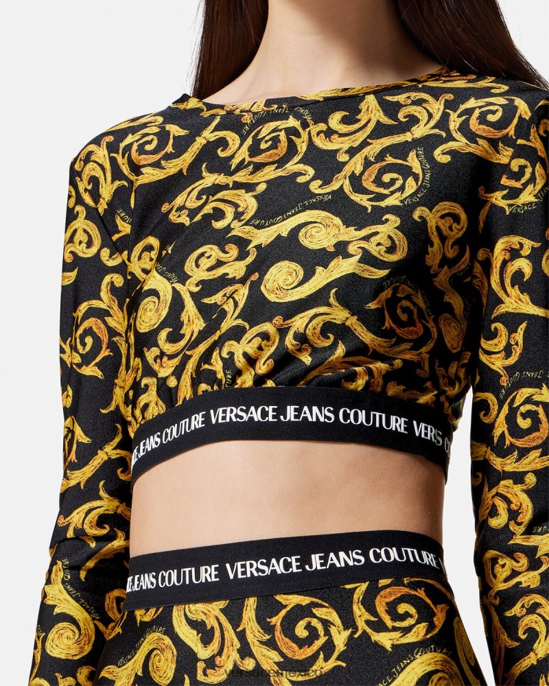 Versace top corto de alta costura con boceto oro negro ropa mujer 84626J2167