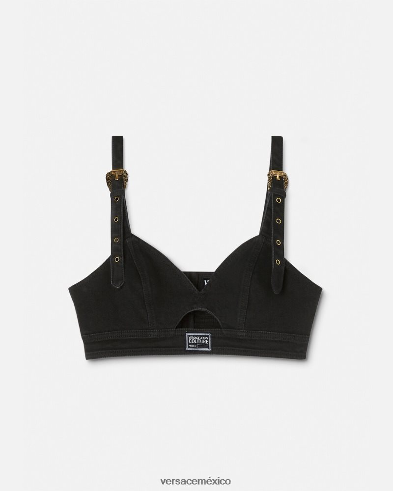 Versace top corto de mezclilla con hebilla barroca negro ropa mujer 84626J2145