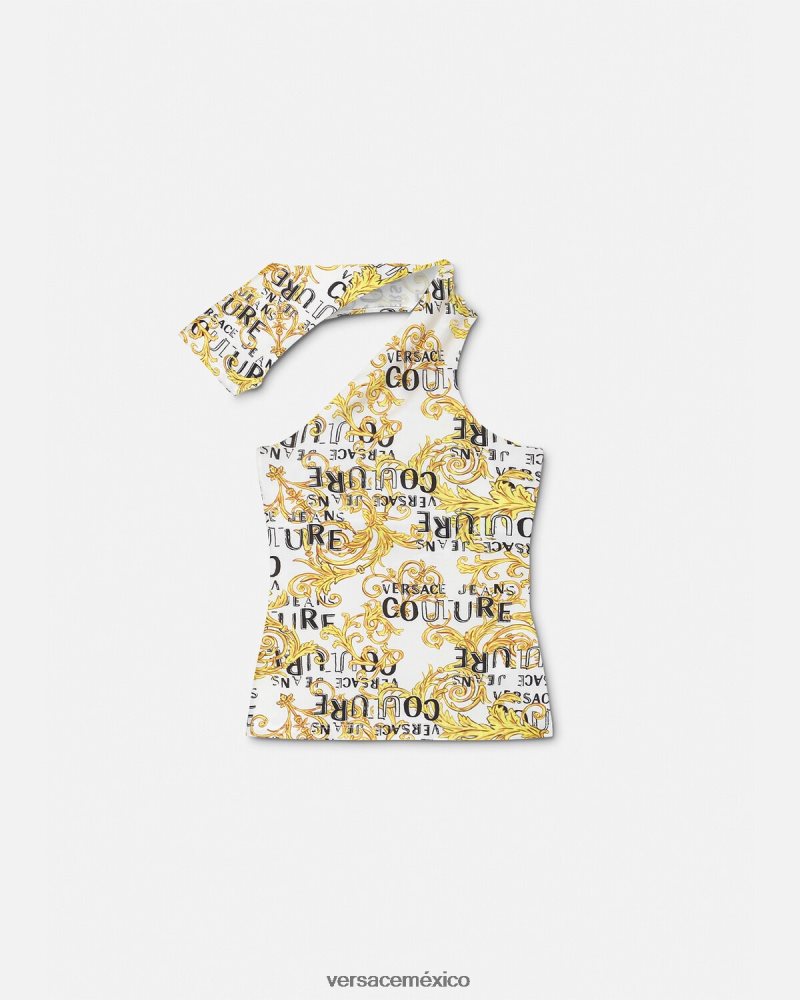 Versace top de un solo hombro con logo de alta costura oro y blanco ropa mujer 84626J2205