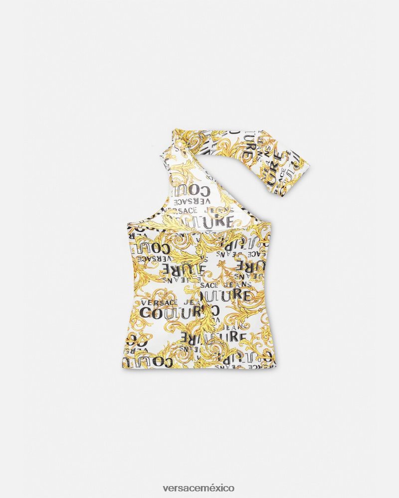 Versace top de un solo hombro con logo de alta costura oro y blanco ropa mujer 84626J2205