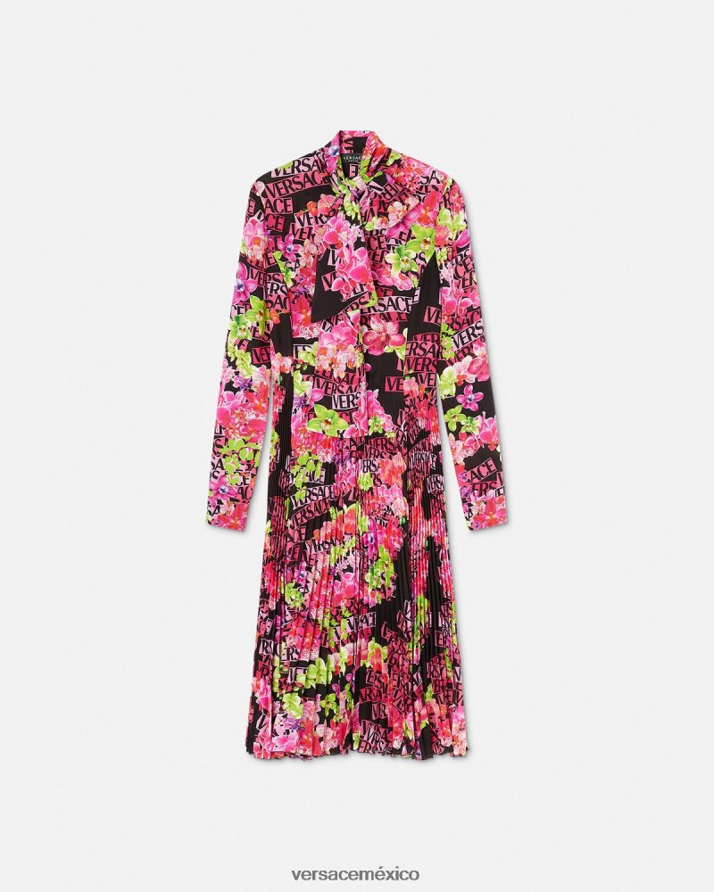 Versace vestido camisero midi con logo y orquídeas negro y estampado ropa mujer 84626J68