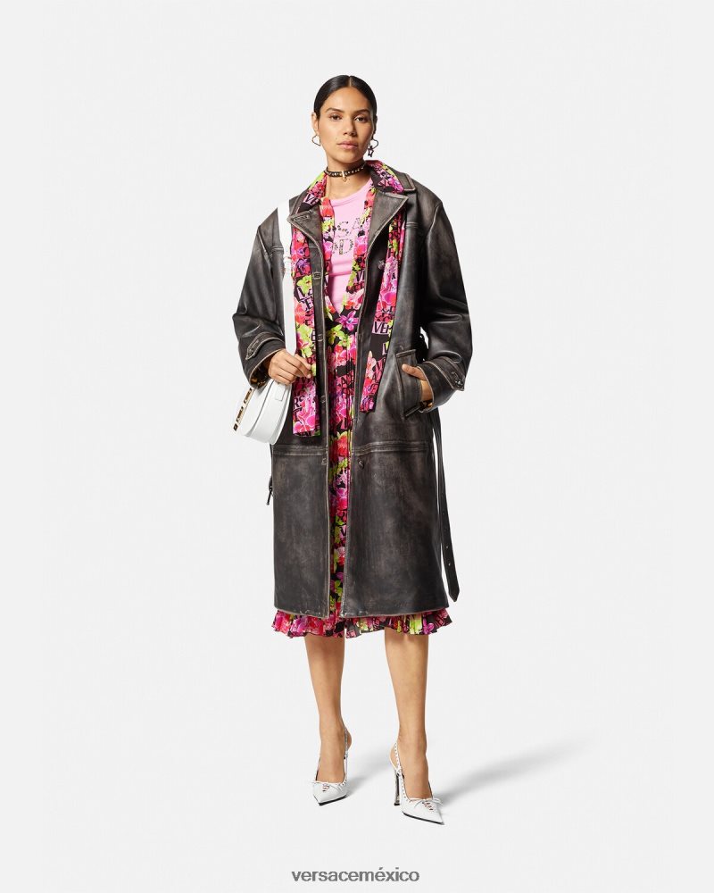 Versace vestido camisero midi con logo y orquídeas negro y estampado ropa mujer 84626J68