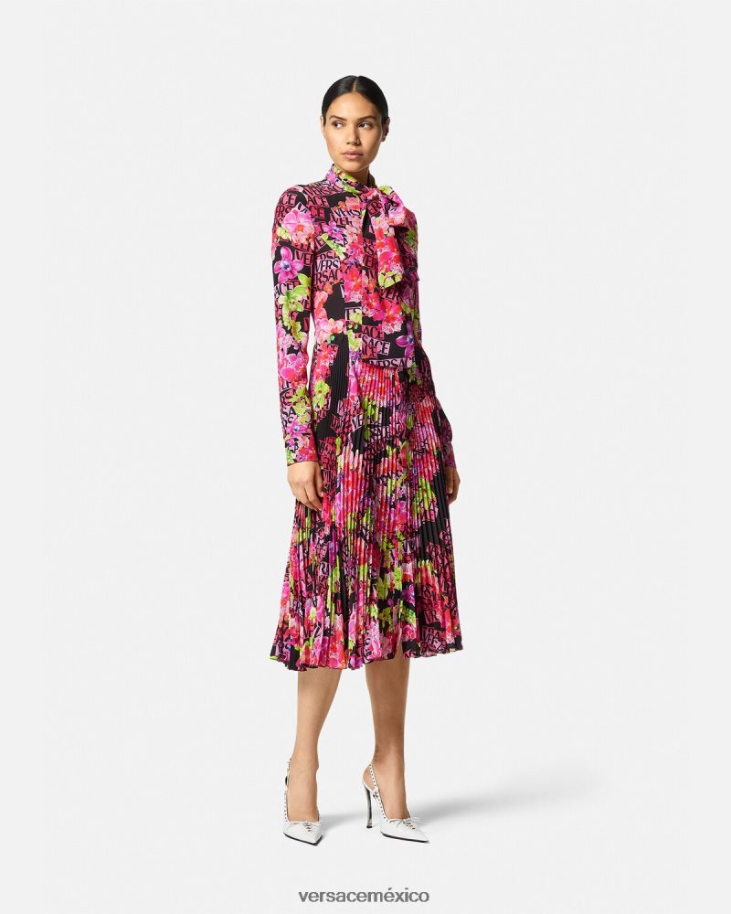 Versace vestido camisero midi con logo y orquídeas negro y estampado ropa mujer 84626J68