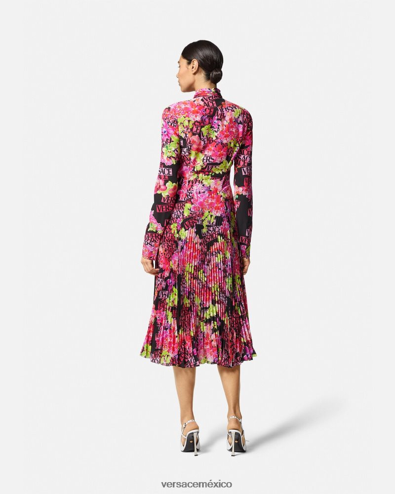 Versace vestido camisero midi con logo y orquídeas negro y estampado ropa mujer 84626J68