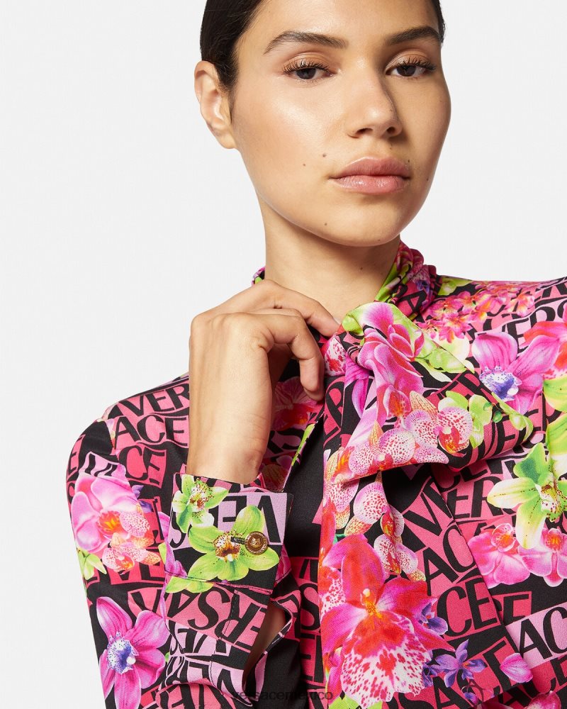 Versace vestido camisero midi con logo y orquídeas negro y estampado ropa mujer 84626J68