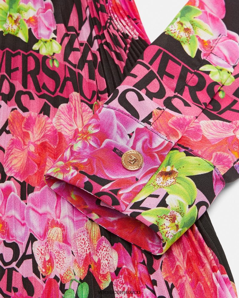 Versace vestido camisero midi con logo y orquídeas negro y estampado ropa mujer 84626J68