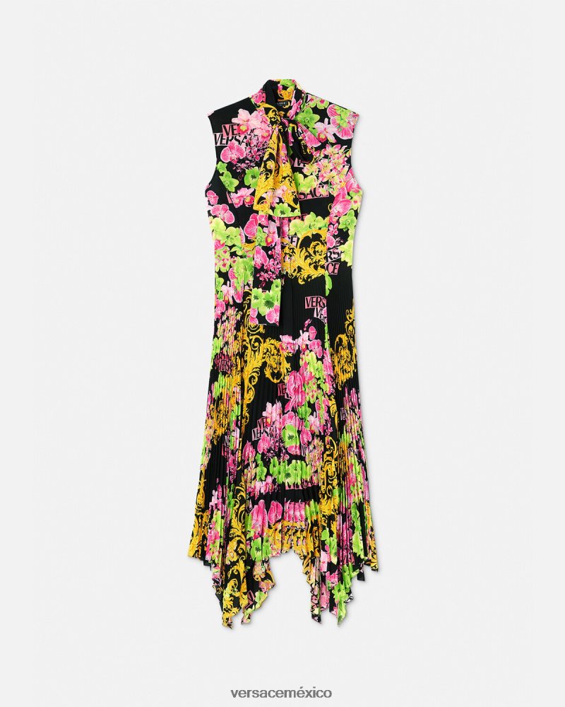 Versace vestido camisero midi con logo y orquídeas negro y estampado ropa mujer 84626J69