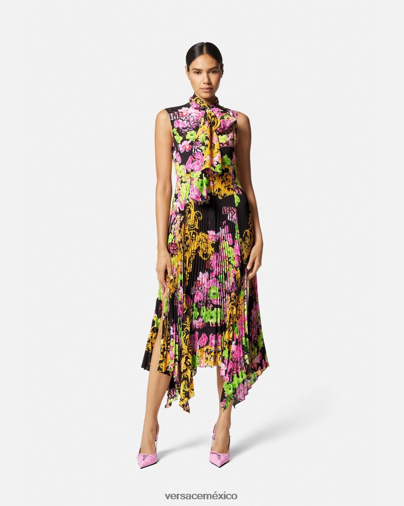 Versace vestido camisero midi con logo y orquídeas negro y estampado ropa mujer 84626J69
