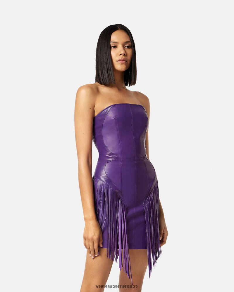 Versace vestido corto de cuero con flecos Violeta ropa mujer 84626J73