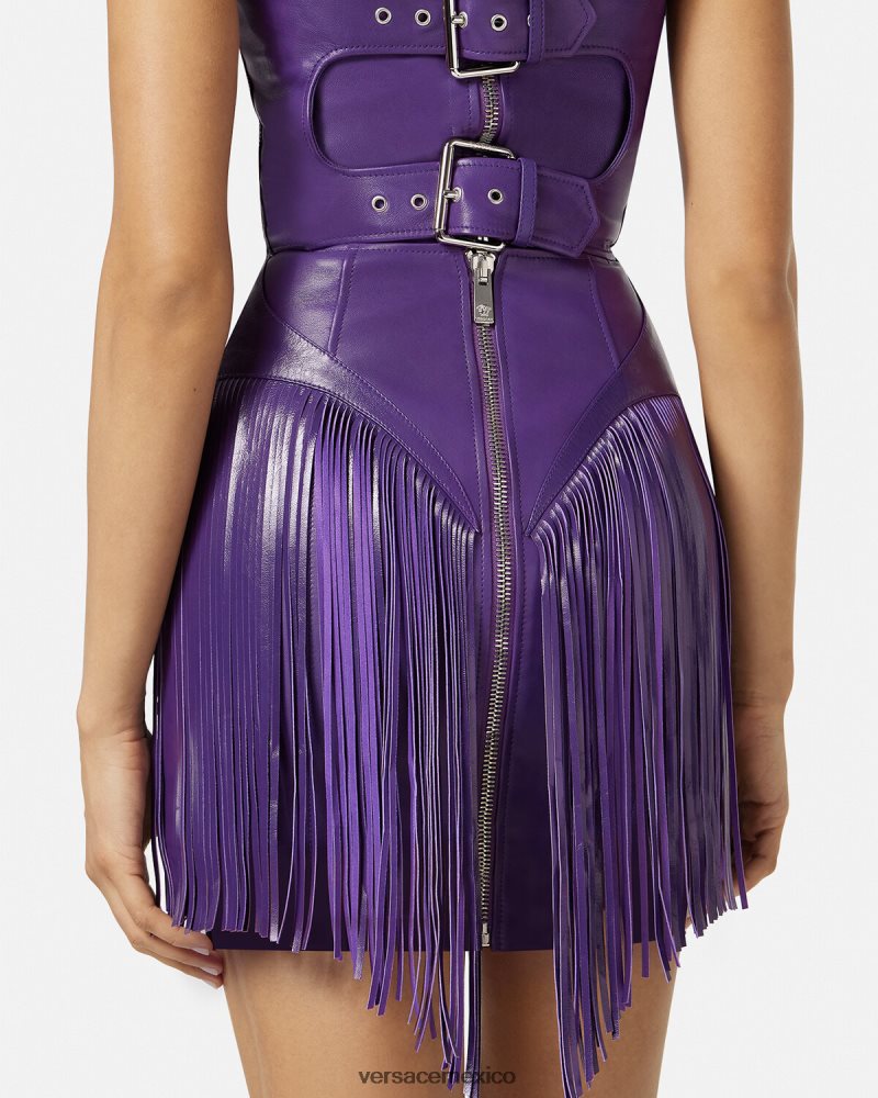 Versace vestido corto de cuero con flecos Violeta ropa mujer 84626J73