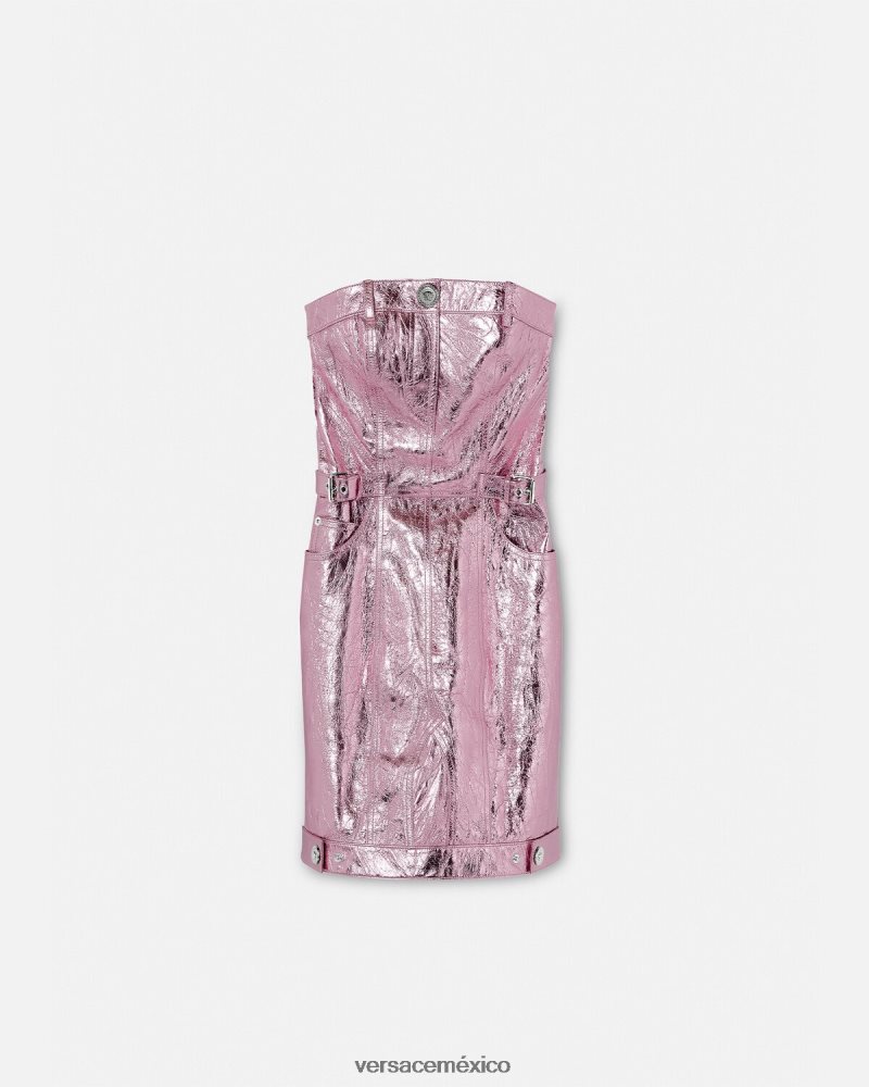 Versace vestido corto de cuero metalizado con Medusa rosa ropa mujer 84626J14