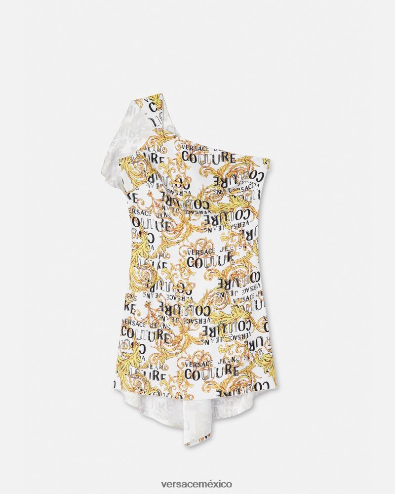Versace vestido de alta costura con logo y un solo hombro oro y blanco ropa mujer 84626J2186