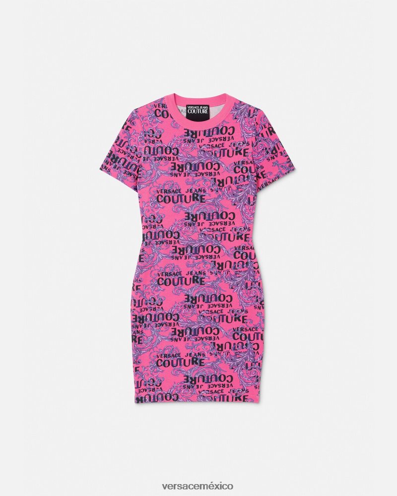 Versace vestido estilo camiseta de alta costura con logo fucsia ropa mujer 84626J2184