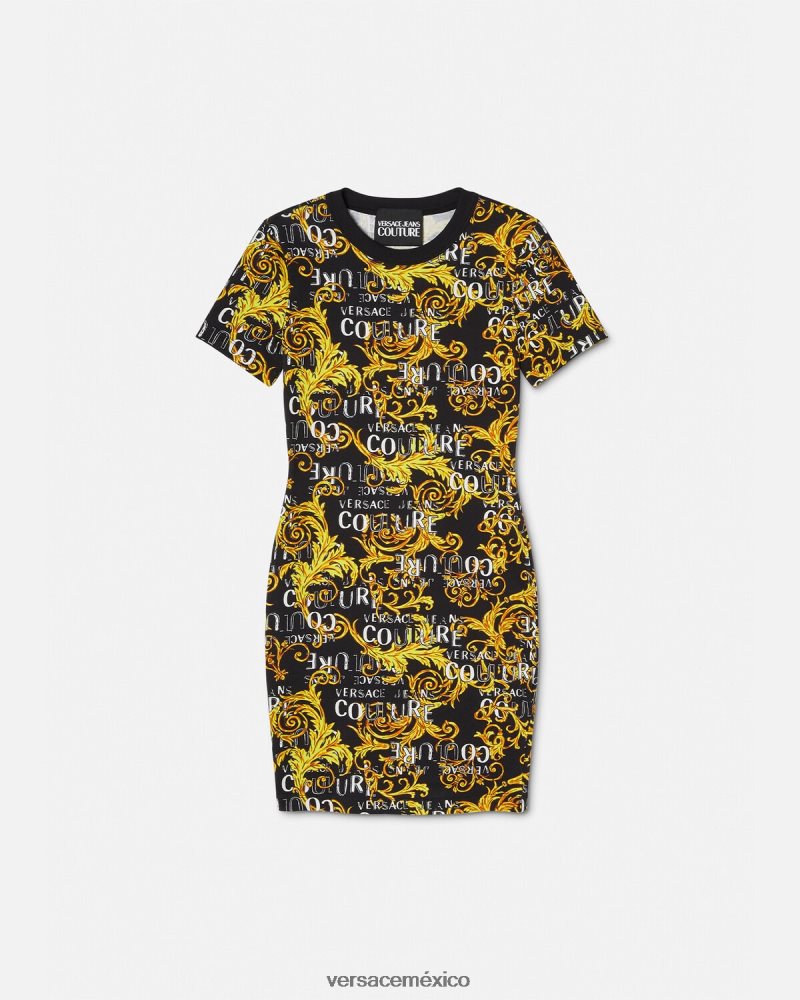 Versace vestido estilo camiseta de alta costura con logo oro negro ropa mujer 84626J2183