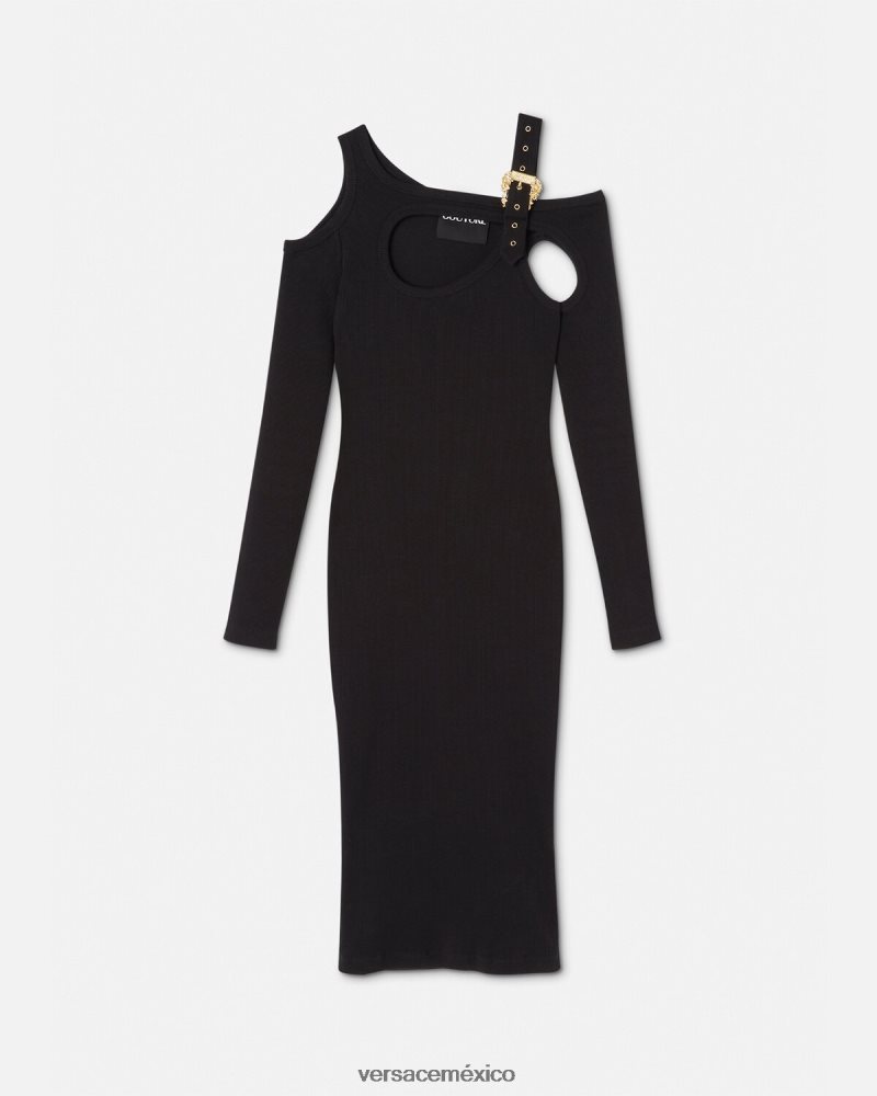 Versace vestido midi con abertura y hebilla barroca negro ropa mujer 84626J2143