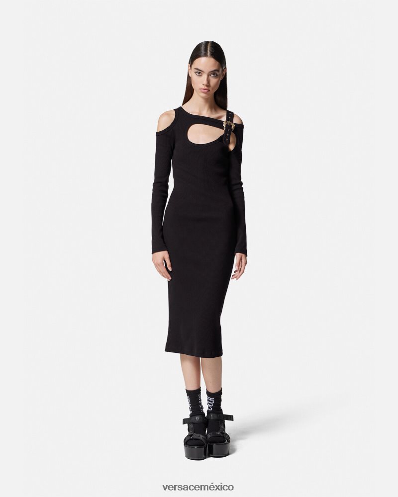 Versace vestido midi con abertura y hebilla barroca negro ropa mujer 84626J2143