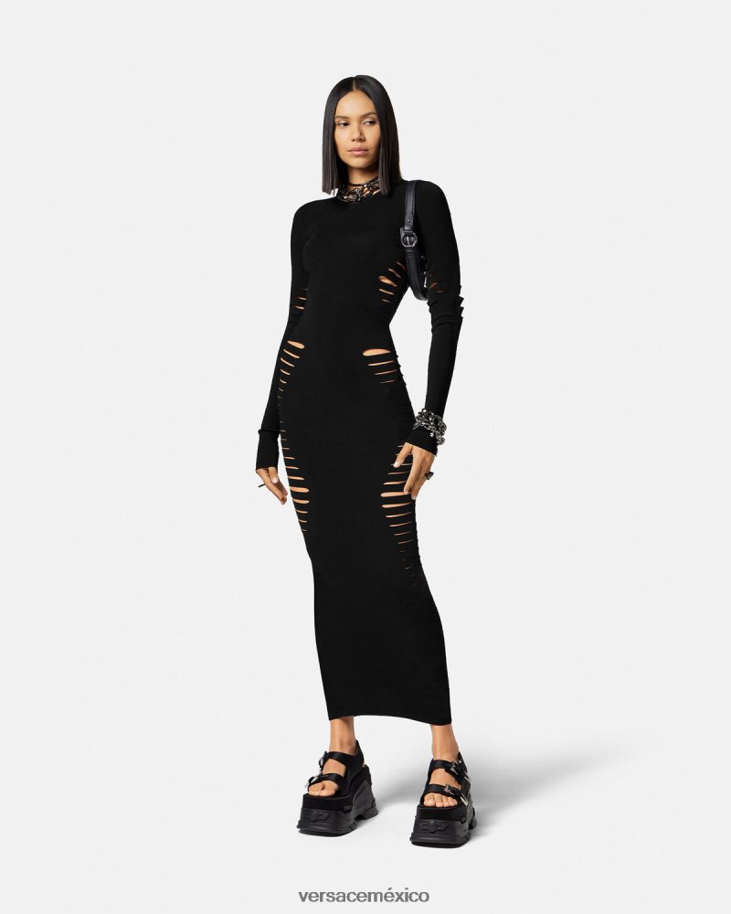Versace vestido midi de punto con aberturas negro ropa mujer 84626J50