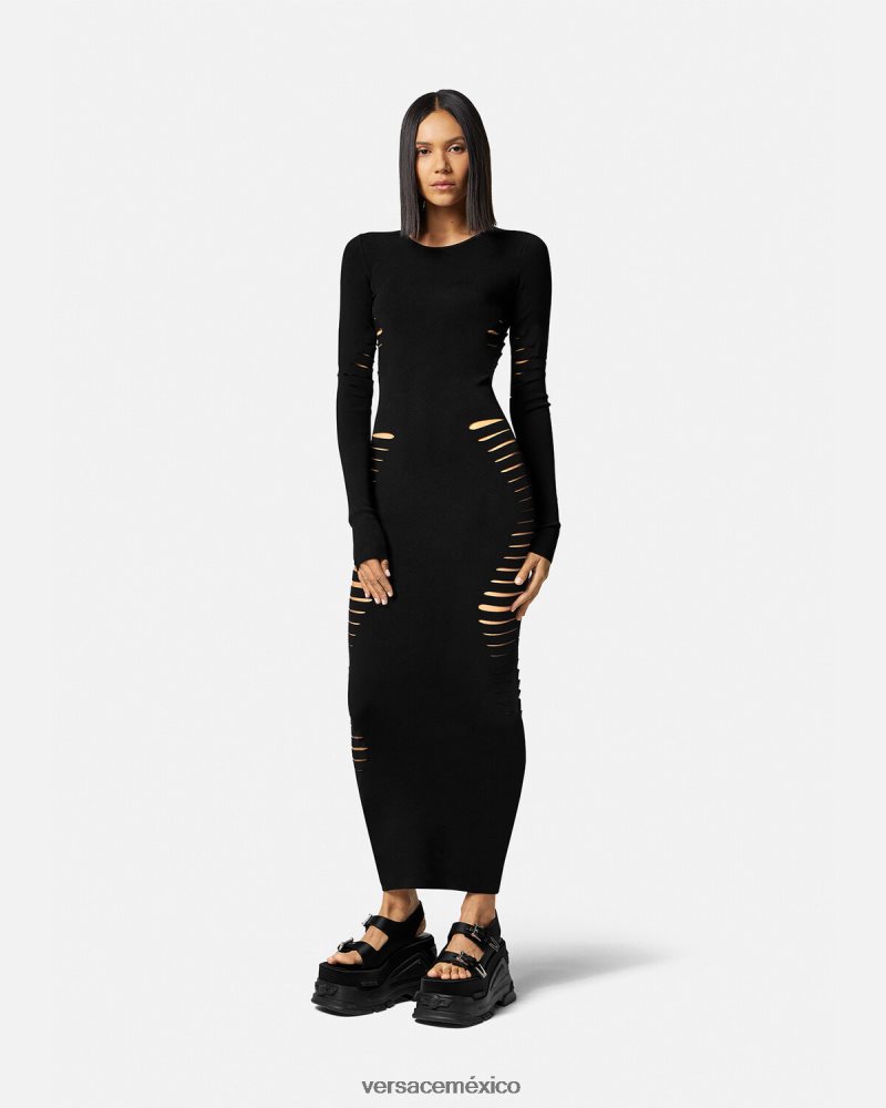 Versace vestido midi de punto con aberturas negro ropa mujer 84626J50