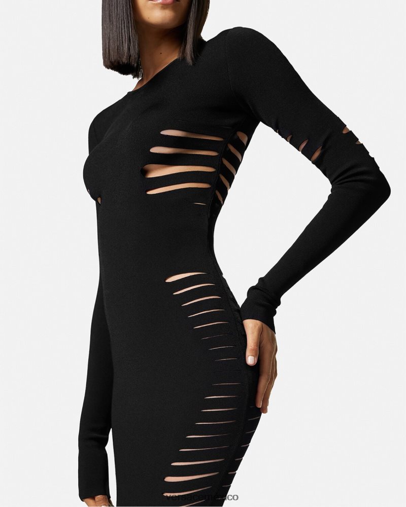 Versace vestido midi de punto con aberturas negro ropa mujer 84626J50