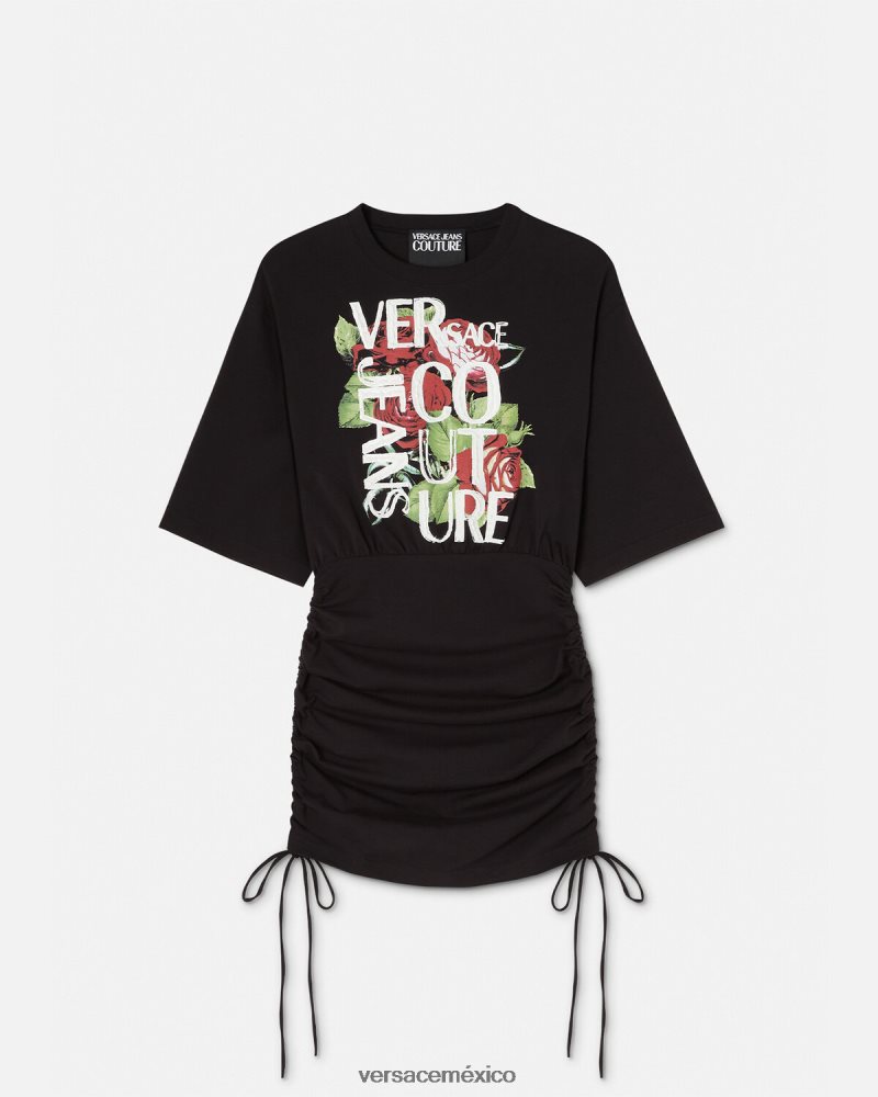 Versace vestido tipo camiseta con cordones y logo de rosas negro ropa mujer 84626J2161