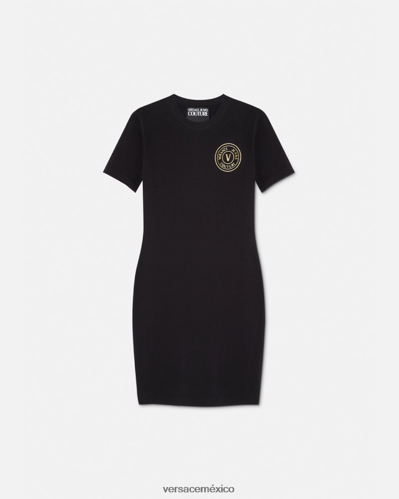Versace vestido tipo camiseta con logo y emblema en V oro negro ropa mujer 84626J2144