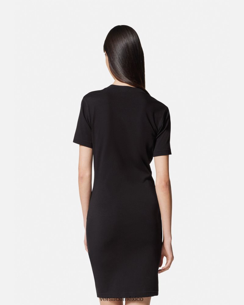 Versace vestido tipo camiseta con logo y emblema en V oro negro ropa mujer 84626J2144