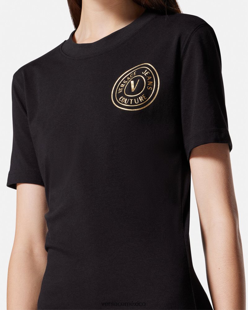 Versace vestido tipo camiseta con logo y emblema en V oro negro ropa mujer 84626J2144