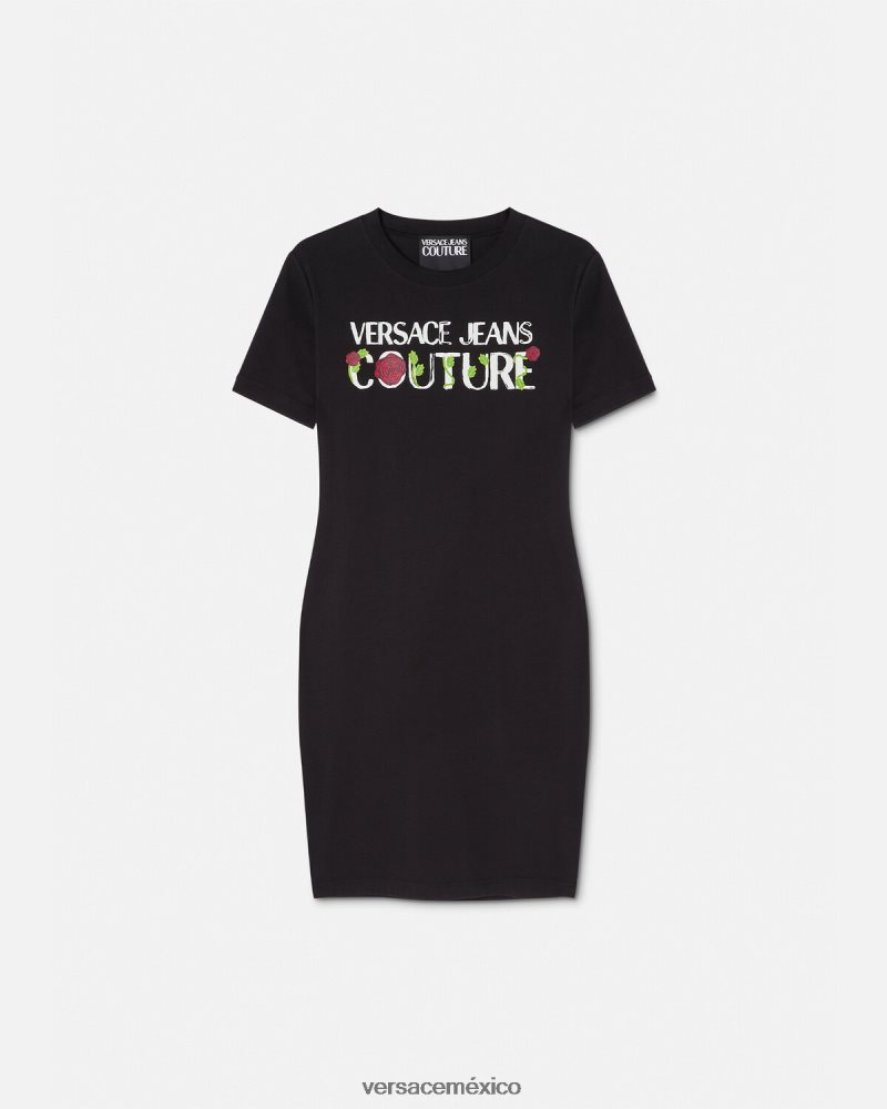 Versace vestido tipo camiseta con logo y rosas negro ropa mujer 84626J2157