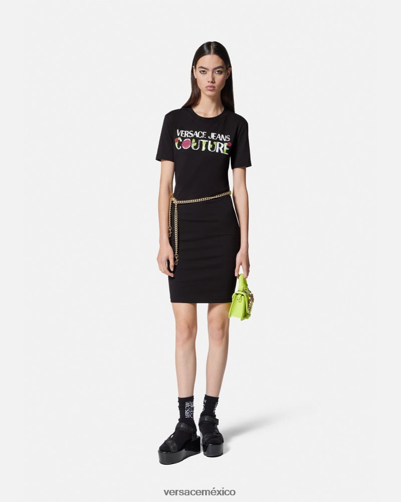 Versace vestido tipo camiseta con logo y rosas negro ropa mujer 84626J2157