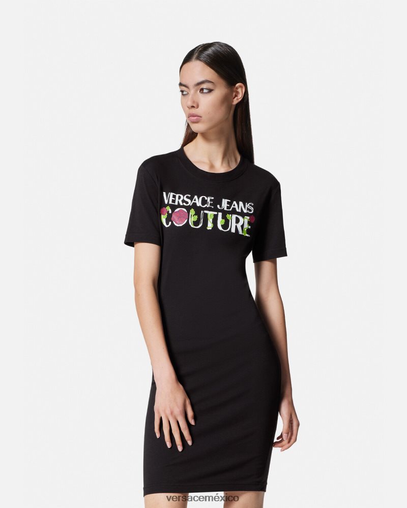 Versace vestido tipo camiseta con logo y rosas negro ropa mujer 84626J2157