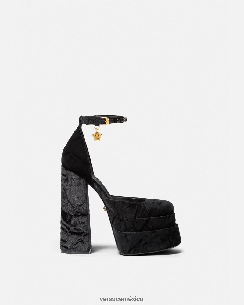 Versace zapatos de tacón con plataforma de terciopelo medusa aevitas negro zapato mujer 84626J428